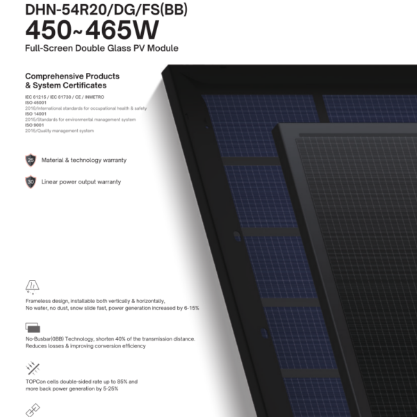 DAH Solar DHN-54R20-DG-FS(BB) 455W Full-Black Full-Screen Double Glass Bifacial