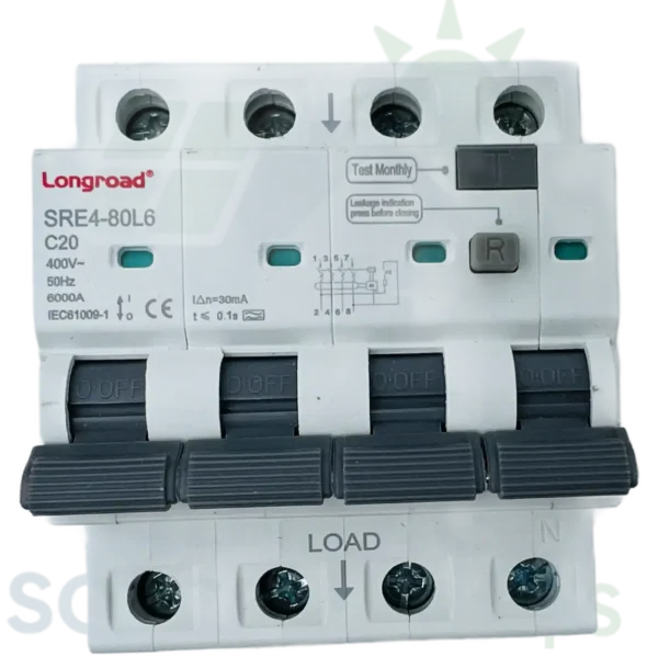LongRoad Kombiafbryder RCBO Type-A 4P 20A C20 300mA 6kA IEC61009-1 CE 400V tovejs