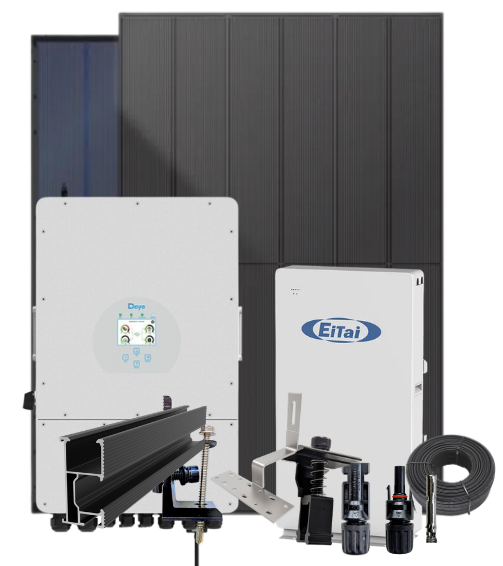 Komplet 6kWp AIKO full-black Solcelleanlæg med 15kW DEYE hybrid inverter og 16 kWh HV 384V batterilager