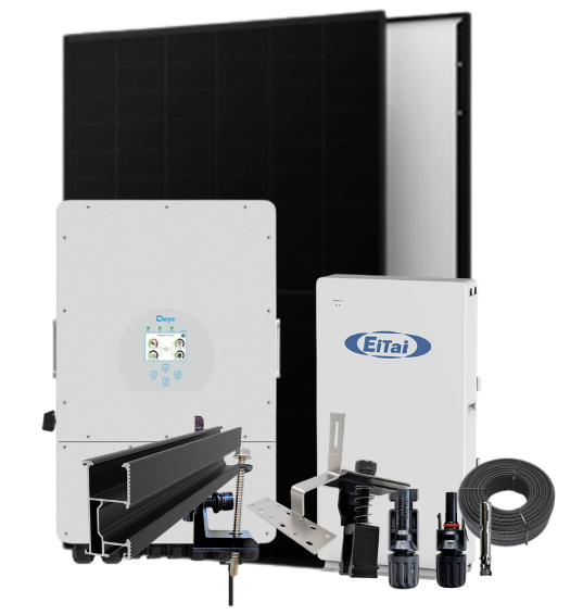 Komplet 6kWp AIKO full-black Solcelleanlæg med 6kW DEYE hybrid inverter og 10 kWh HV 384V batterilager